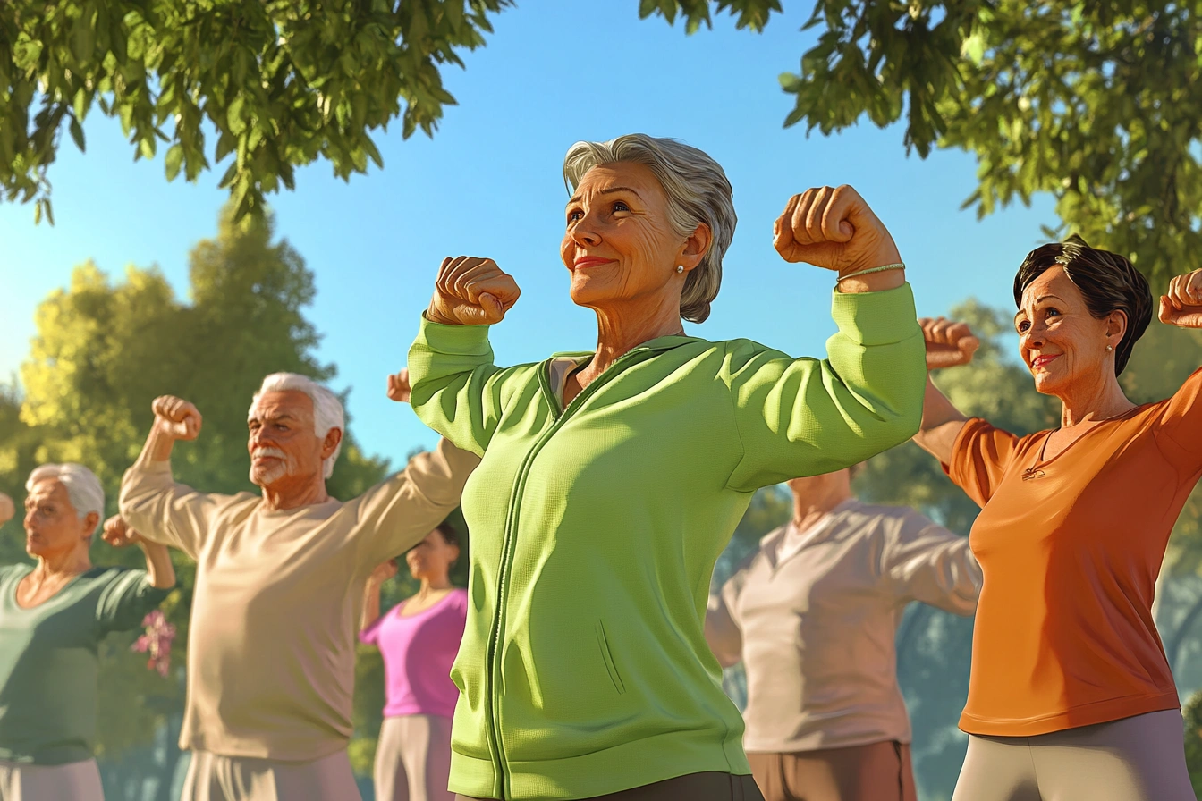 Активні люди поважного віку займаються спортом на свіжому повітрі